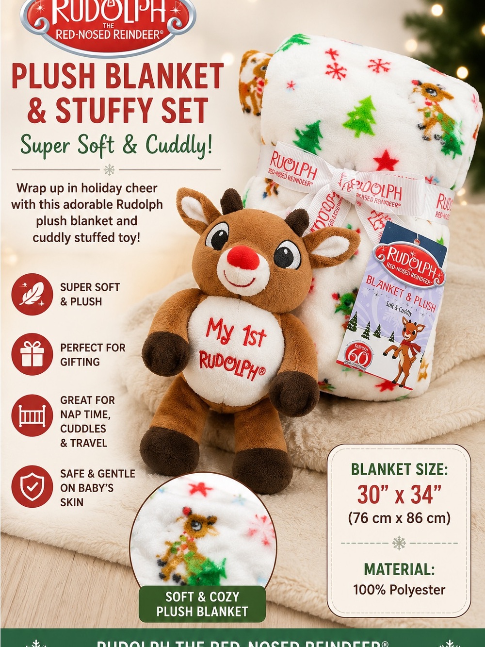Rudolph Plush Blanket & Stuffy Set - White/Green/Red